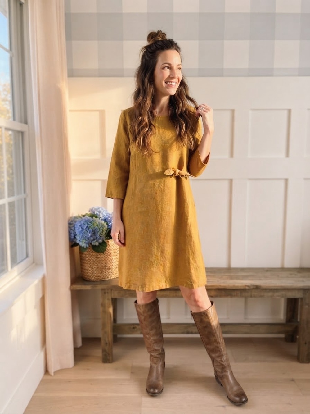 cut loose Mustard Linen Shift Dress with Tie Detail Small